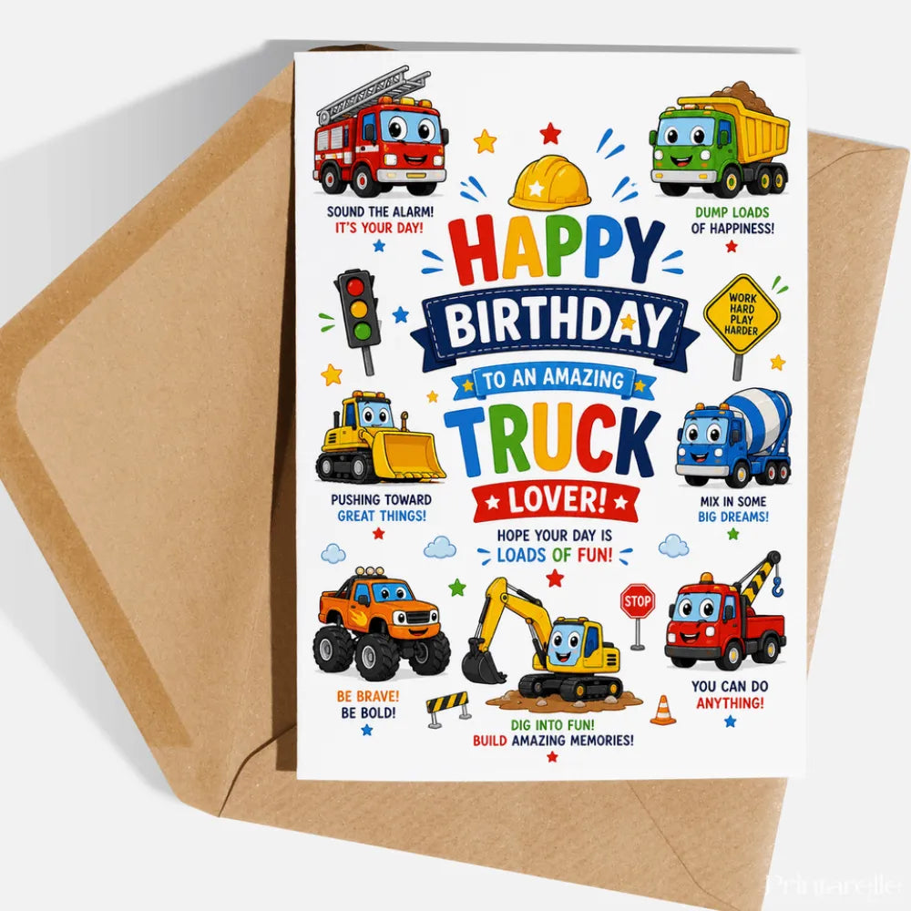 Truck Birthday Card for Kids - Vehicle Fan Card - truck birthday card, truck birthday, birthday card, kraft envelope,