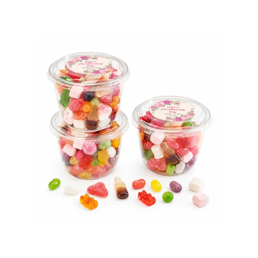 Clear plastic sweet tub with snap-on lid filled with colorful gummy candies perfect party favours in 100g 150g sizes