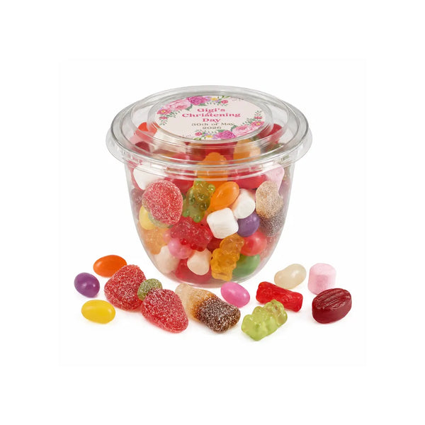 Clear plastic sweet tub with snap-on lid filled with colorful gummy bears and jelly beans for party favours