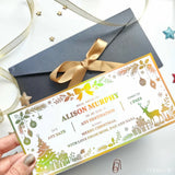 A festive gold and green foil-stamped christmas trip reveal card for alison murphy called under the tree reveal card