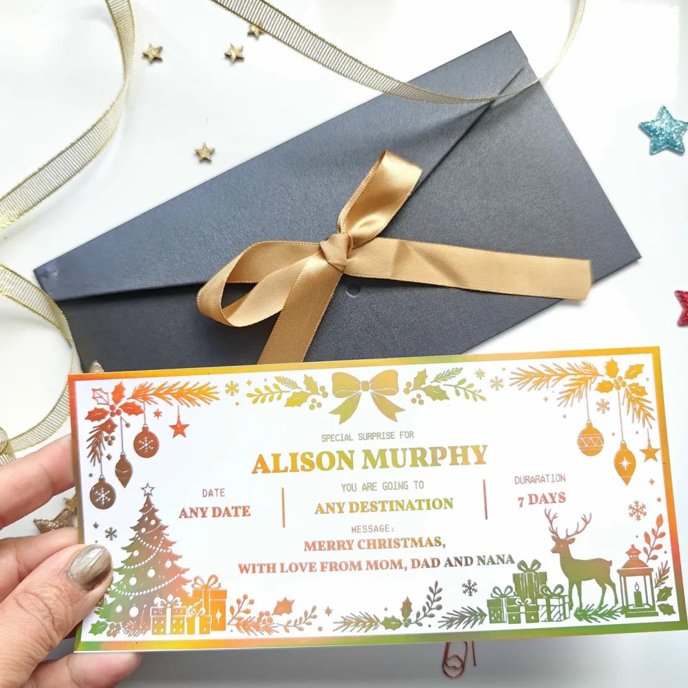A festive christmas trip reveal card with colorful gold green orange and red holiday illustrations on white background