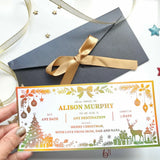 A festive christmas trip reveal card with colorful gold green orange and red holiday illustrations on white background
