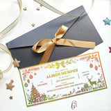 A festive white under the tree reveal card with green and gold holiday illustrations for a christmas trip reveal