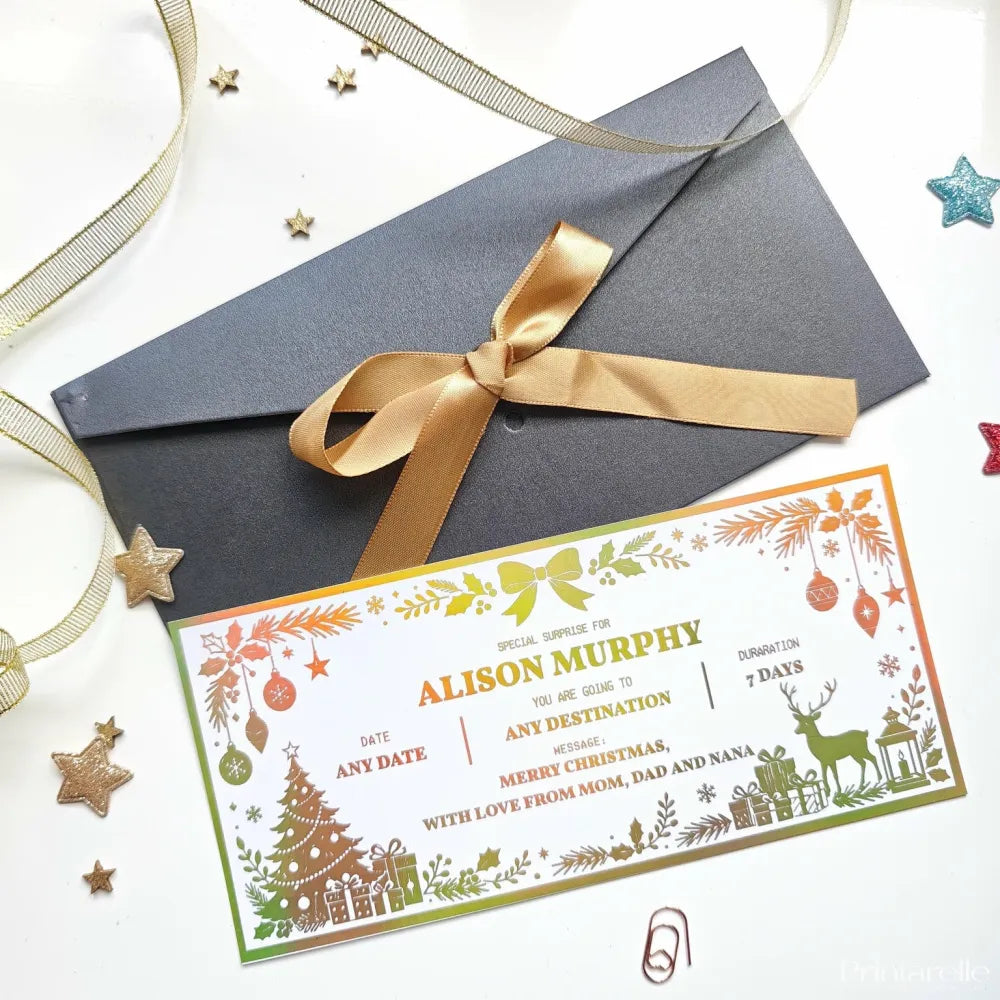A festive white under the tree reveal card with green and gold holiday illustrations for a christmas trip reveal