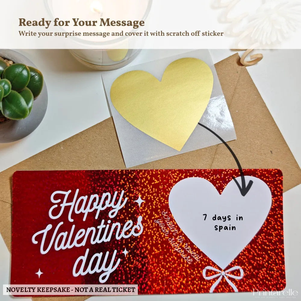 Valentine Scratch-Off Foil Ticket | Personalised Surprise Card - personalised valentine, surprise message, real foil,