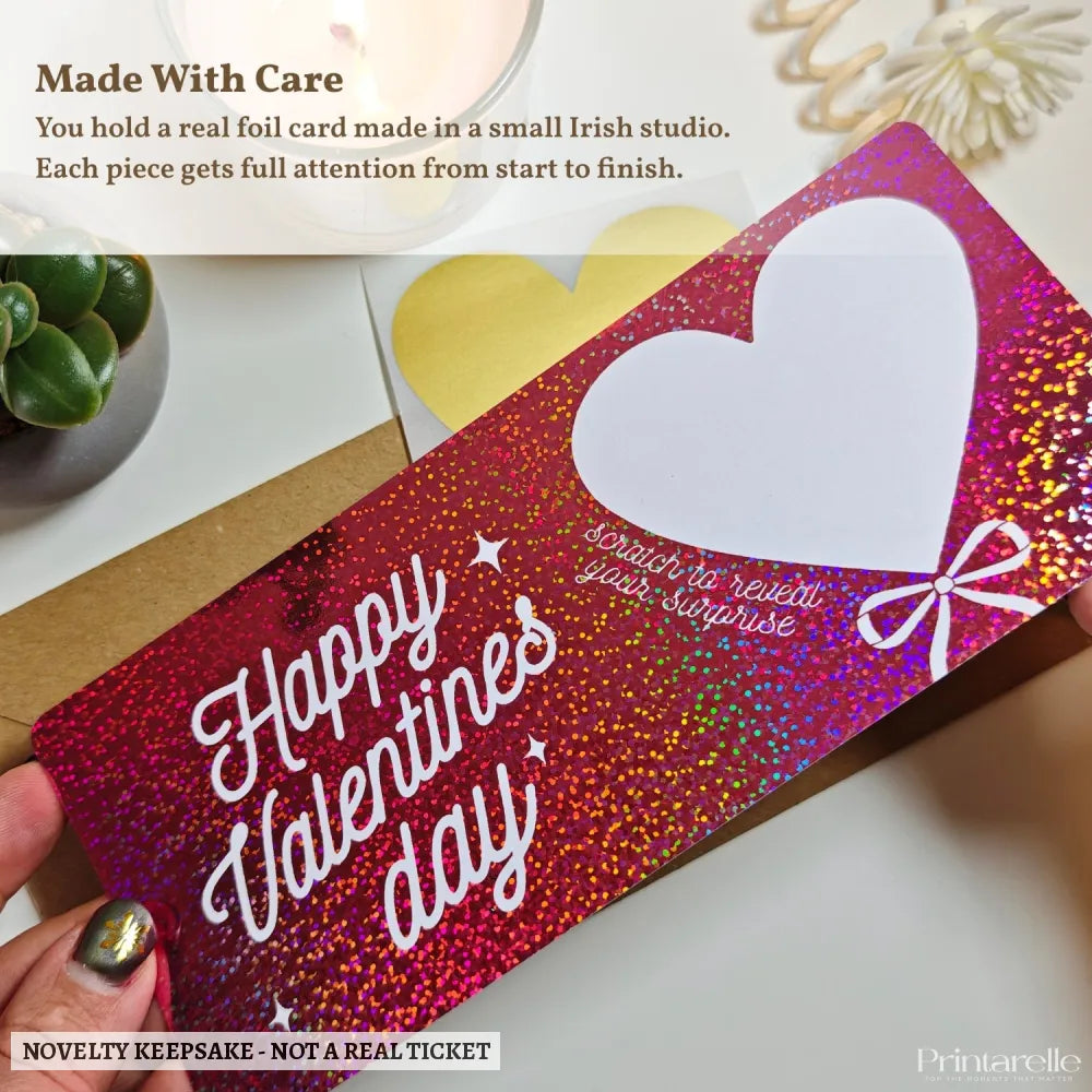 Valentine Scratch-Off Foil Ticket | Personalised Surprise Card - personalised valentine, surprise message, real foil,