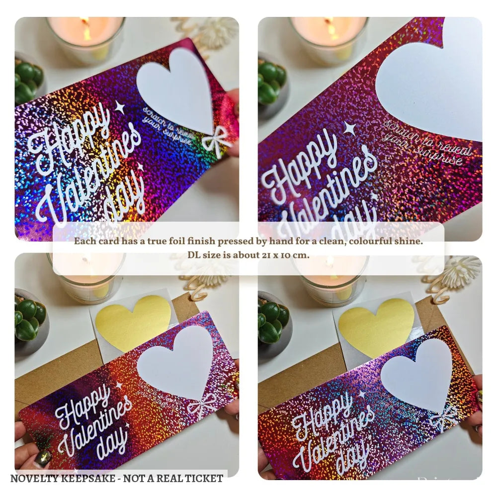 Valentine Scratch-Off Foil Ticket | Personalised Surprise Card - personalised valentine, surprise message, real foil,