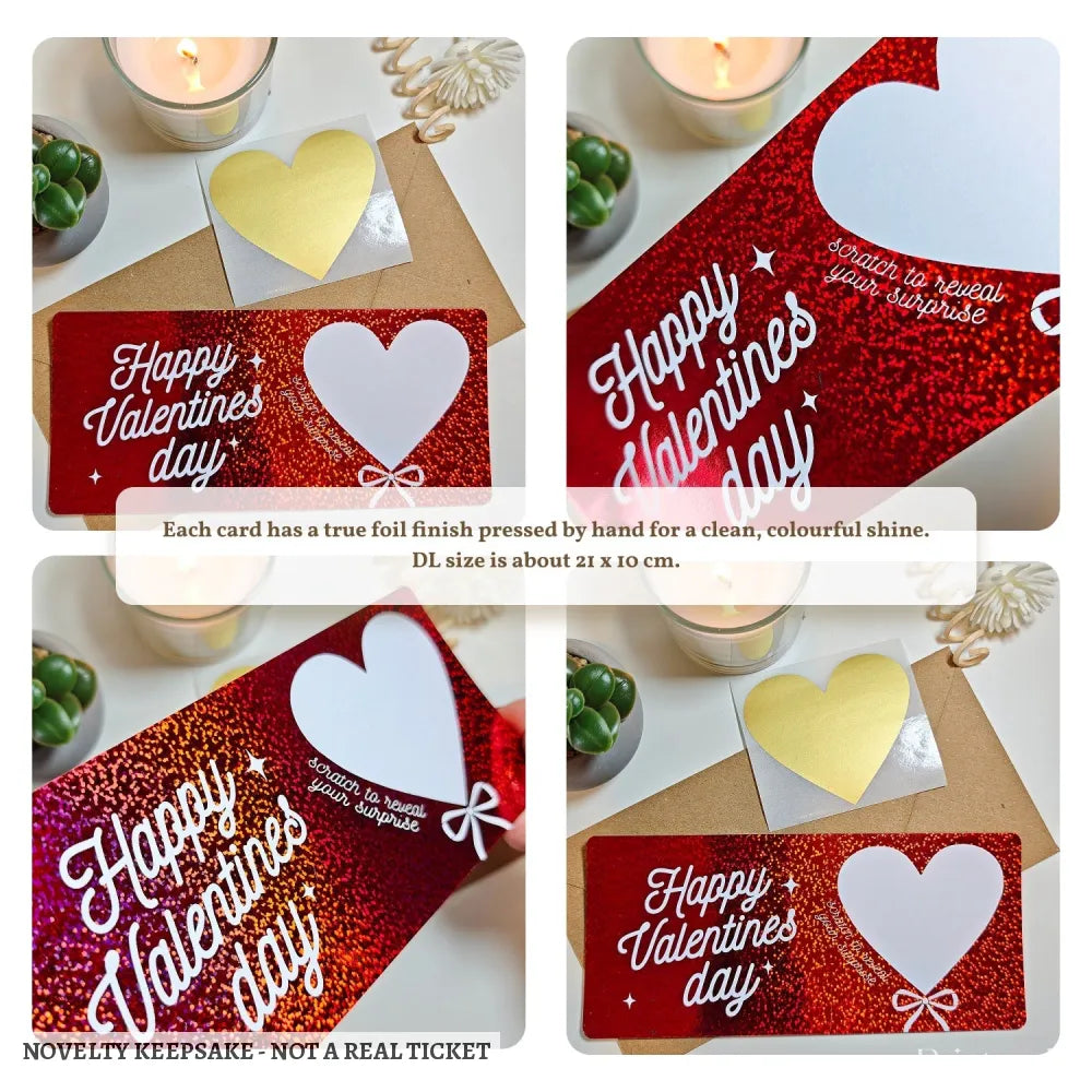 Valentine Scratch-Off Foil Ticket | Personalised Surprise Card - personalised valentine, surprise message, real foil,