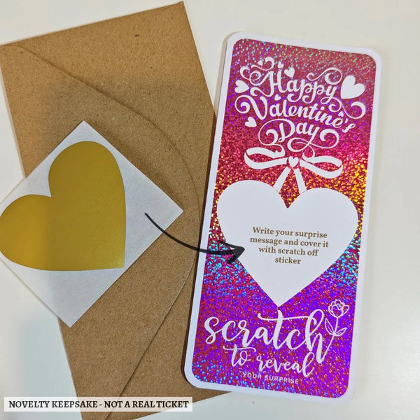A glittery pink and purple valentine scratch-off keepsake gift card with a white heart design that experience reveals
