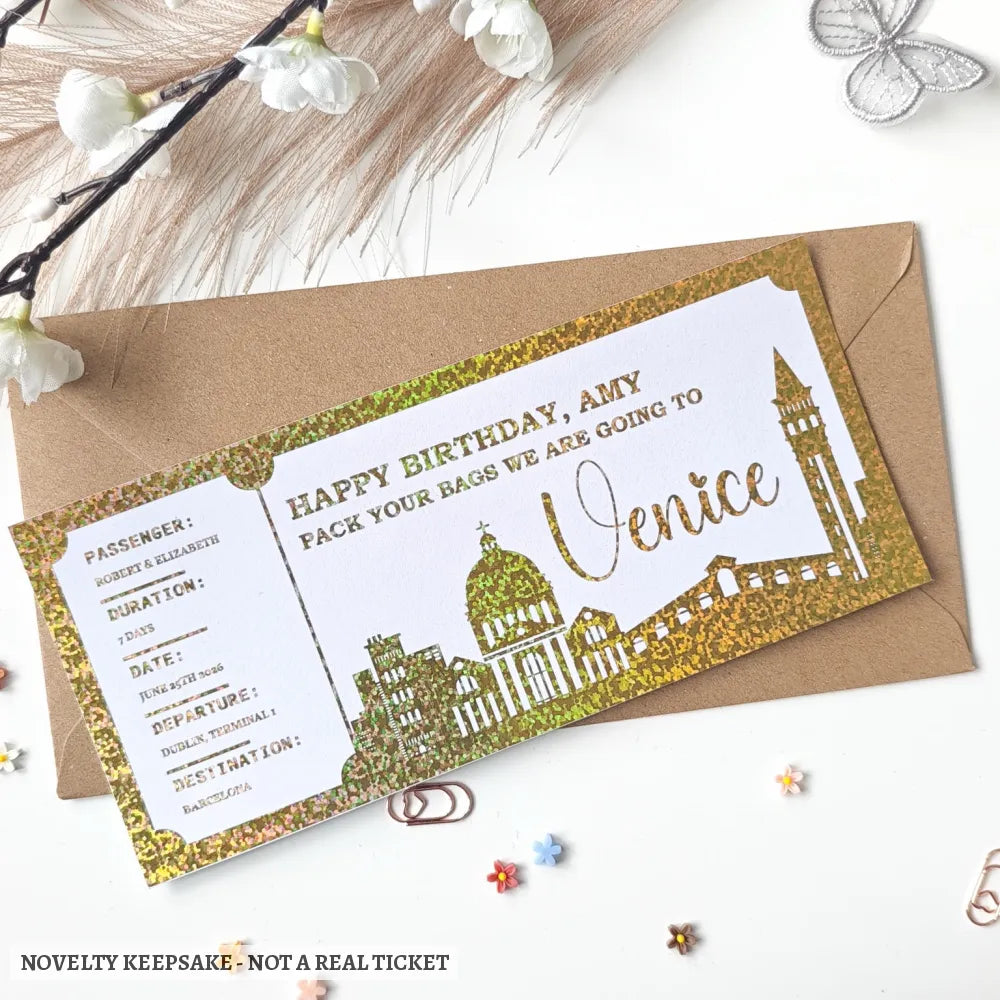 Venice Italy - Personalised City Destination Travel Ticket | Any Destination Reveal - gold holographic glitter, travel