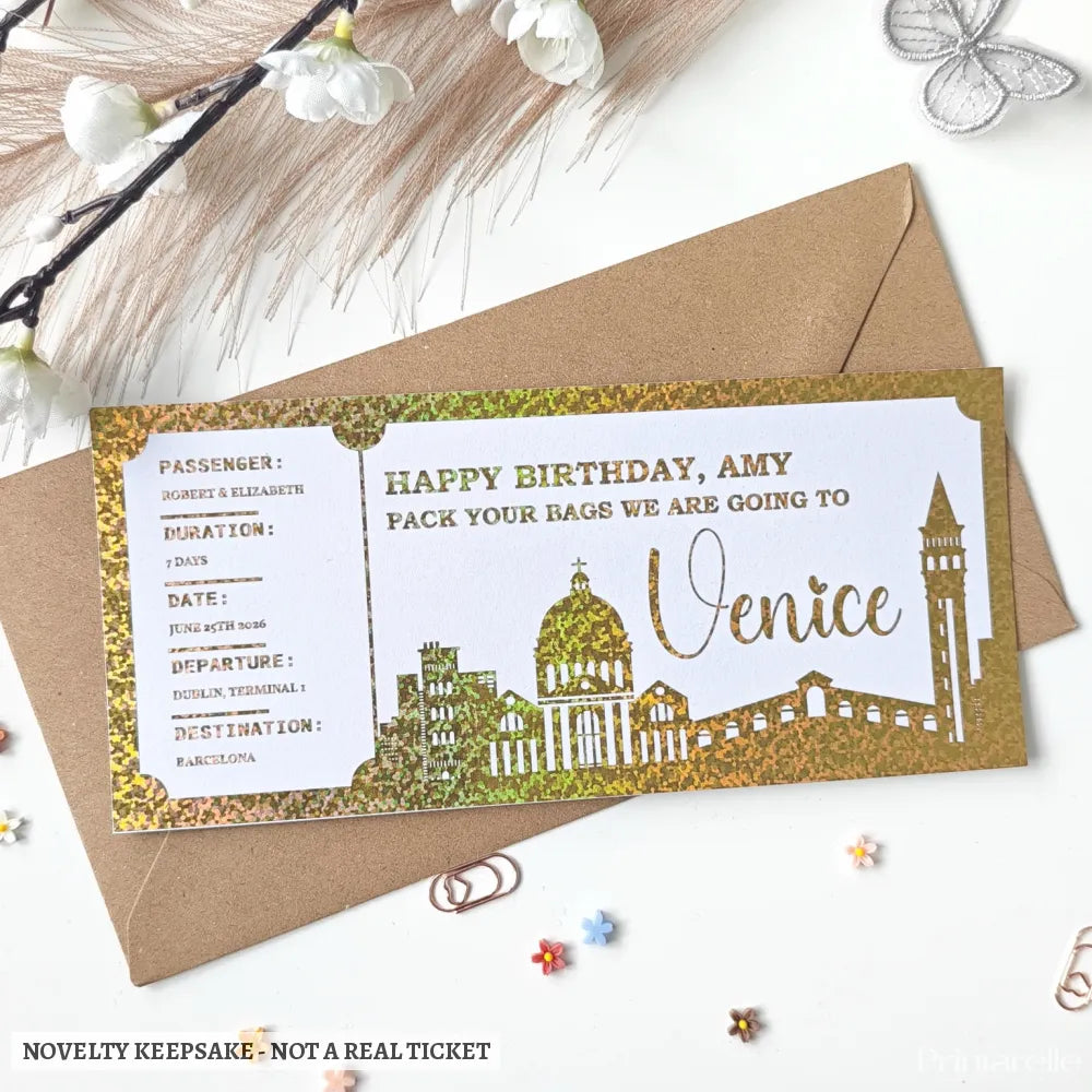 Venice Italy - Personalised City Destination Travel Ticket | Any Destination Reveal - gold holographic glitter, travel