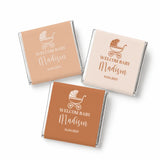 Personalized vintage pram mini neapolitan chocolates wrapped in metallic foil with peach and blush pink labels for baby showers