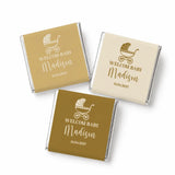 Three mini neapolitan chocolates wrapped in beige vintage pram foil with welcome baby madison text for baby favours