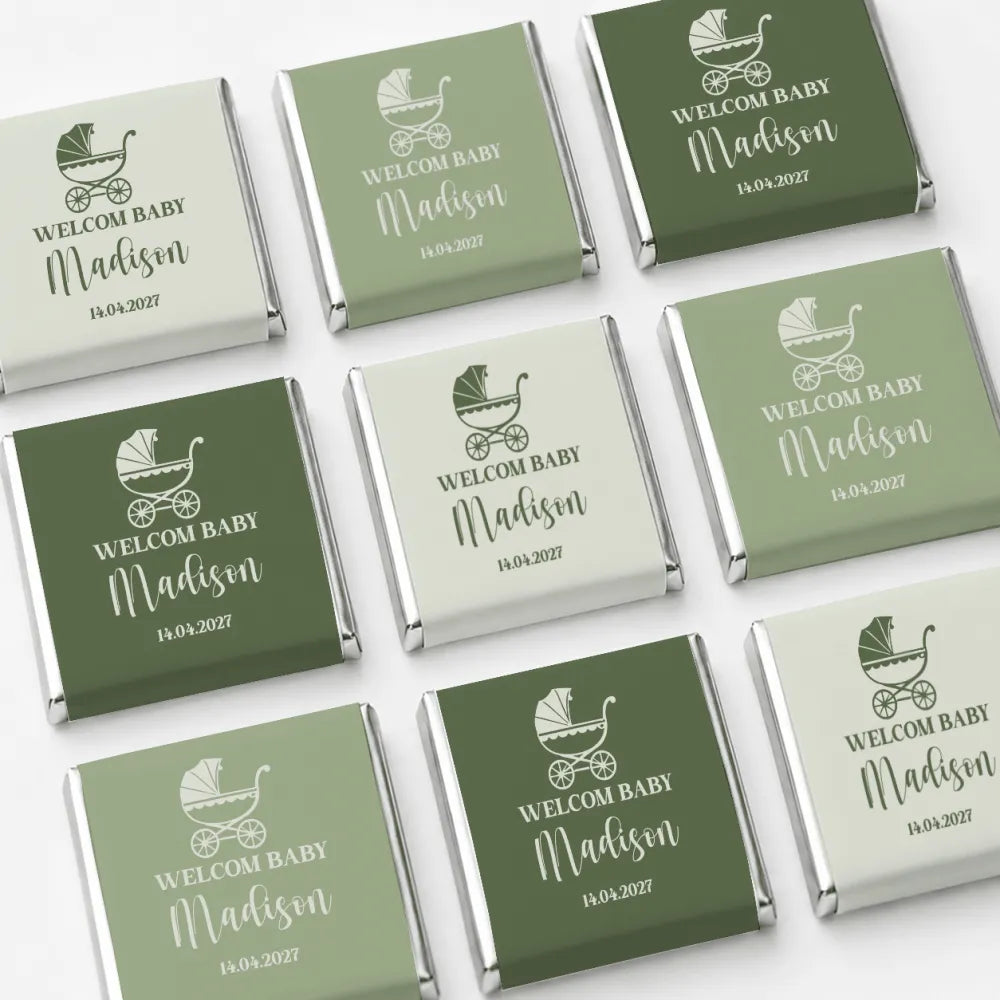 Olive green and cream vintage pram mini neapolitan chocolates with welcome baby madison text for baby favours