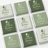 Olive green and cream vintage pram mini neapolitan chocolates with welcome baby madison text for baby favours