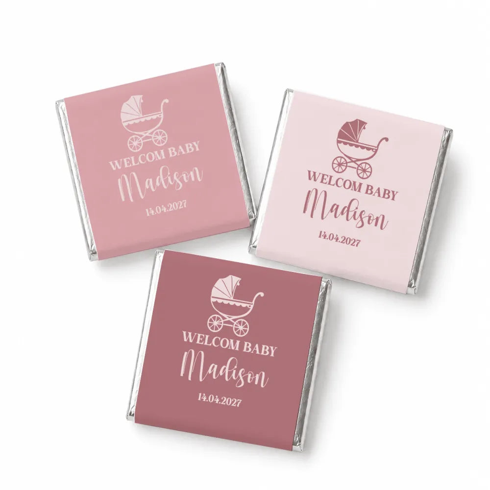 Pink and mauve vintage pram mini neapolitan chocolates wrapped with welcome baby madison baby carriage design