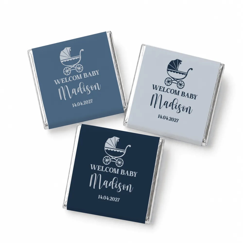 Personalized vintage pram mini neapolitan chocolates with navy slate blue gray wrappers and custom text for baby showers