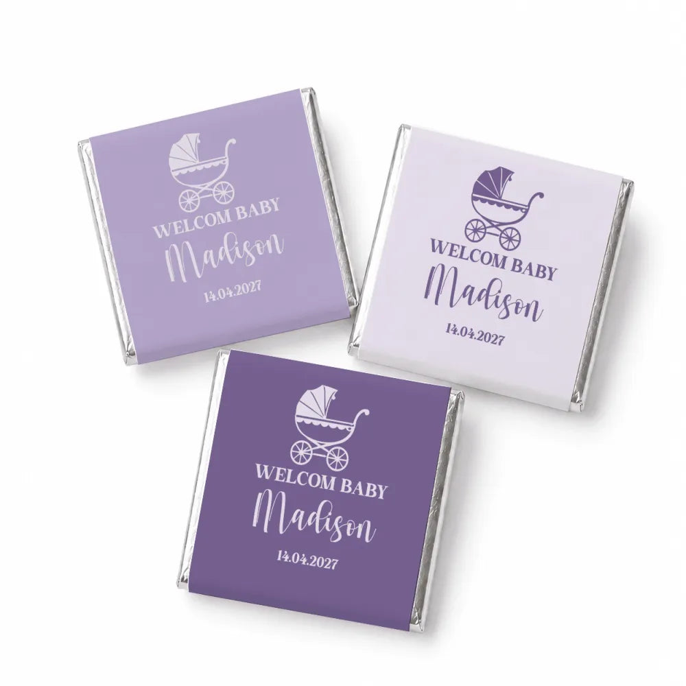 Lavender and white vintage pram mini neapolitan chocolates wrapped with welcome baby madison text for baby favours