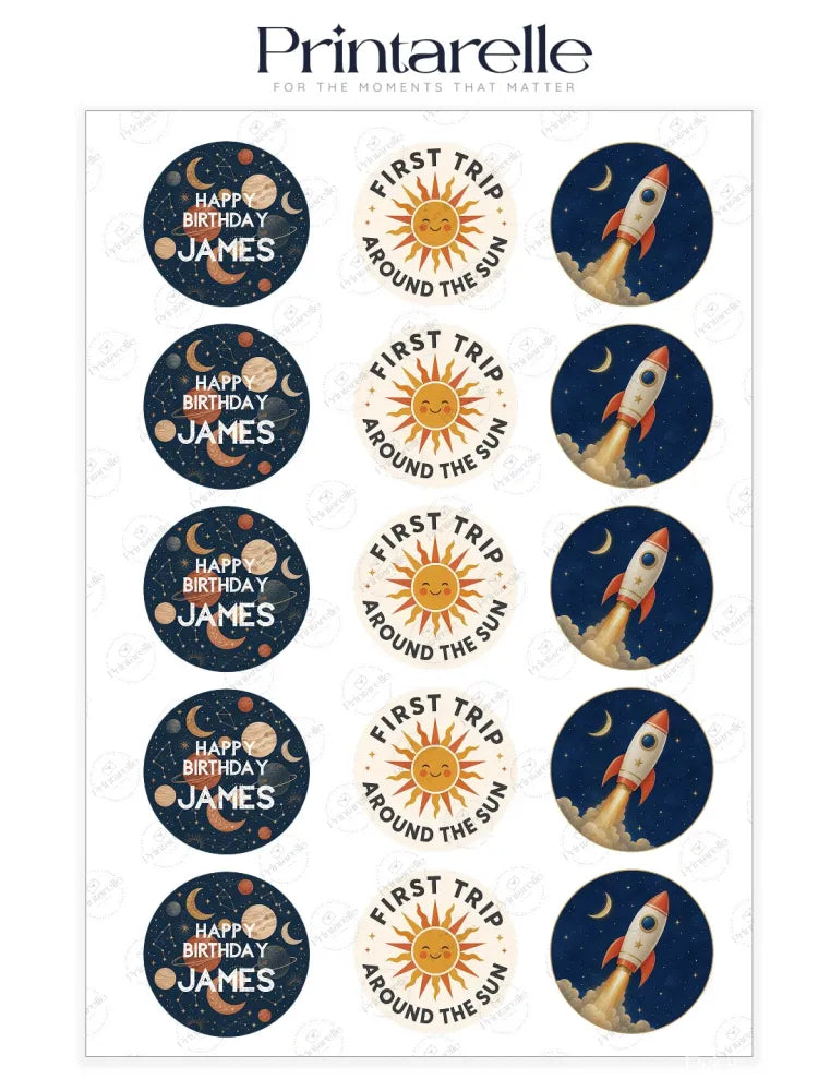 Printable vintage space first birthday cupcake toppers in black outline on white icing sheet, 15 standard and 30 mini sizes