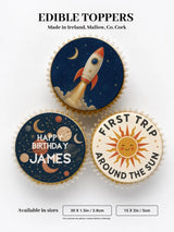 Vintage space first birthday cupcake toppers with rocket and sun designs on dark blue icing sheets for birthday cupcakes