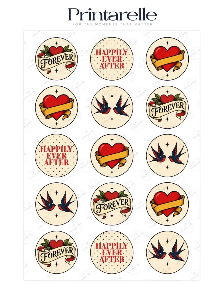 Set of vintage tattoo style wedding cupcake toppers with red hearts gold ribbons and blue swallow designs on cream background