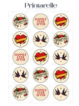 Set of vintage tattoo style wedding cupcake toppers with red hearts gold ribbons and blue swallow designs on cream background