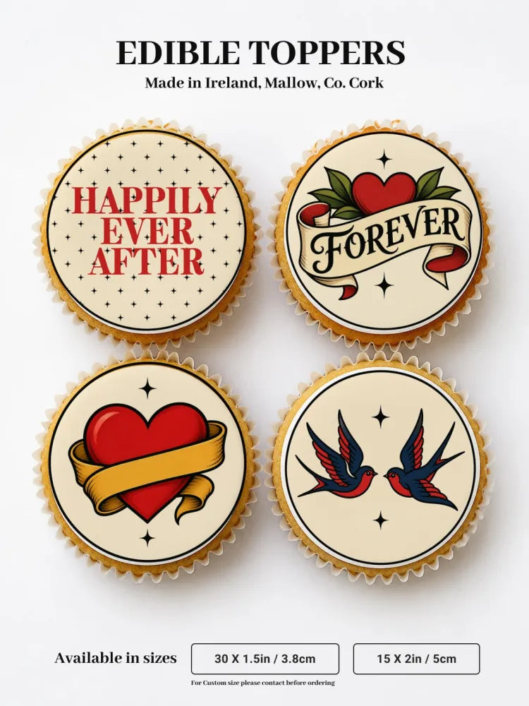 Cream-colored vintage tattoo style wedding cupcake toppers with red and black romantic designs like hearts and birds