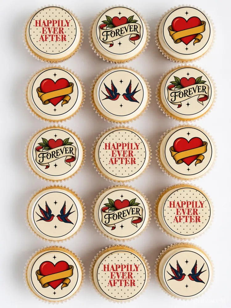 Vintage tattoo style wedding cupcake toppers with red hearts swallow birds and forever text on cream frosting wedding cupcake
