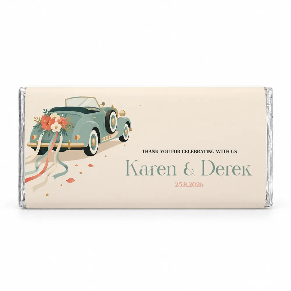 A personalised 40g chocolate bar wrapped in silver foil with a vintage teal wedding car decorated with flowers and ribbons