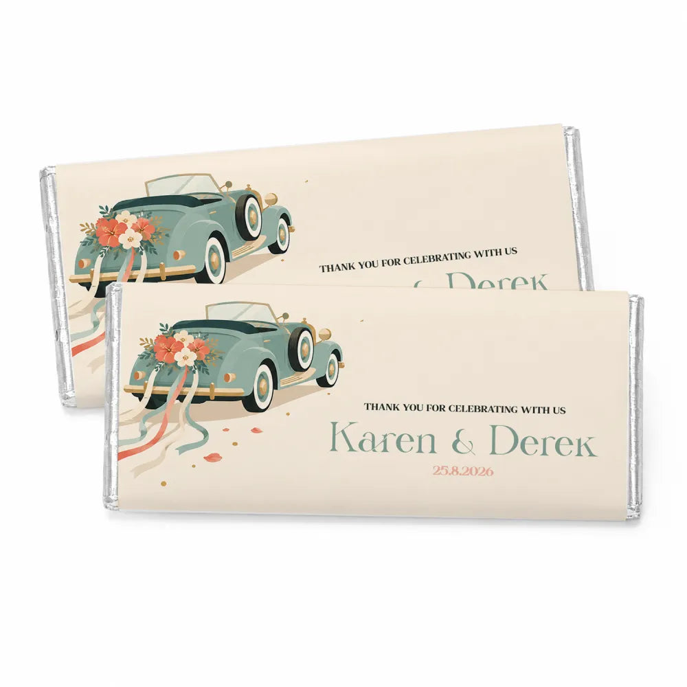 Beige personalised 40g chocolate bar with vintage teal wedding car illustration and custom names for weddings