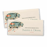 Beige personalised 40g chocolate bar with vintage teal wedding car illustration and custom names for weddings