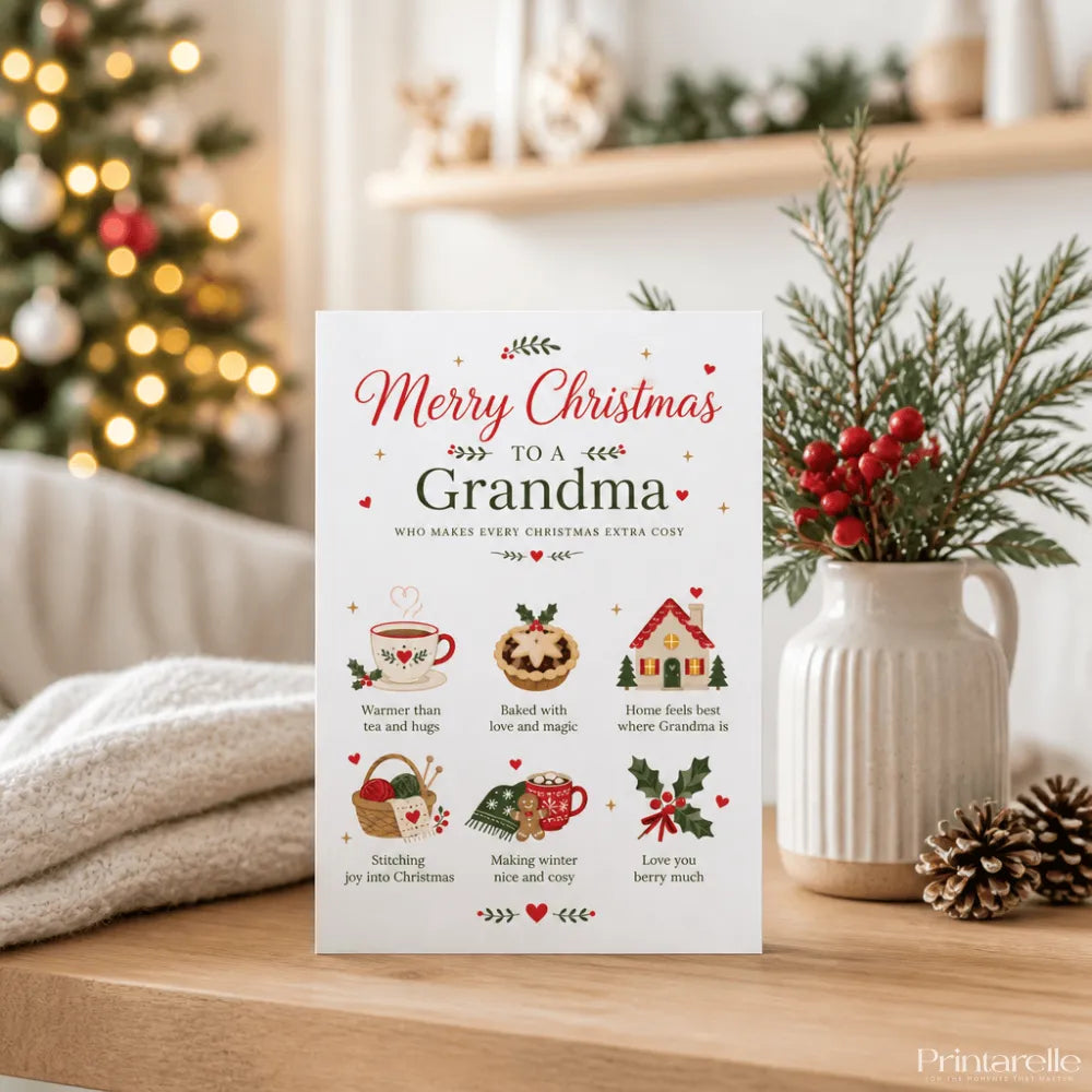 A white grandma christmas card with red and green illustrations saying merry christmas to a grandma in elegant script