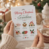 White grandma christmas card with red and green illustrations and merry christmas to a grandma text