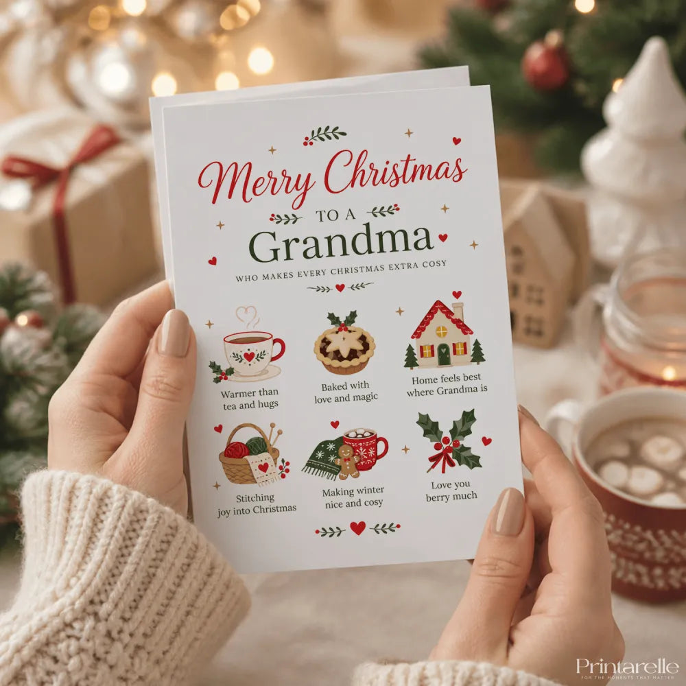 White grandma christmas card with red and green illustrations and merry christmas to a grandma text