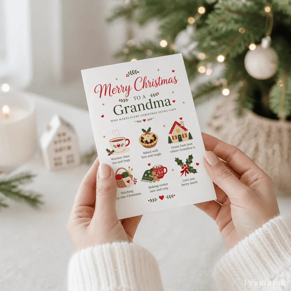 A white grandma christmas card with red and green holiday illustrations and merry christmas to a grandma text