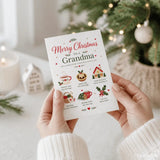 A white grandma christmas card with red and green holiday illustrations and merry christmas to a grandma text