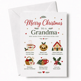 A white grandma christmas card with red and green festive illustrations saying merry christmas to a grandma