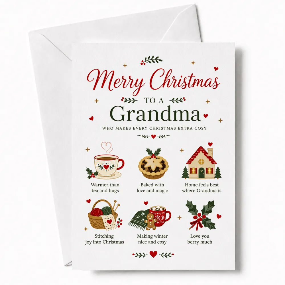 A white grandma christmas card with red and green festive illustrations saying merry christmas to a grandma