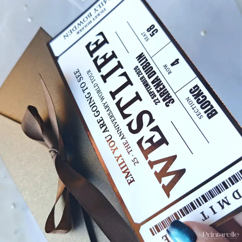 Ticket-like design with text and a brown ribbon on a light background