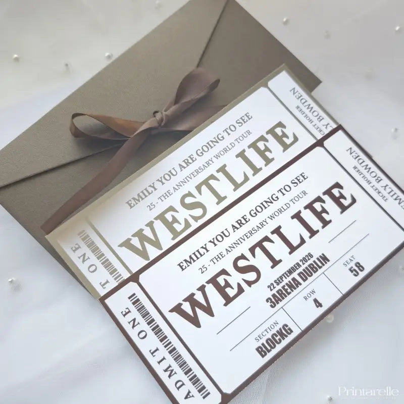 Westlife concert ticket-style invitation with brown bow on a white background