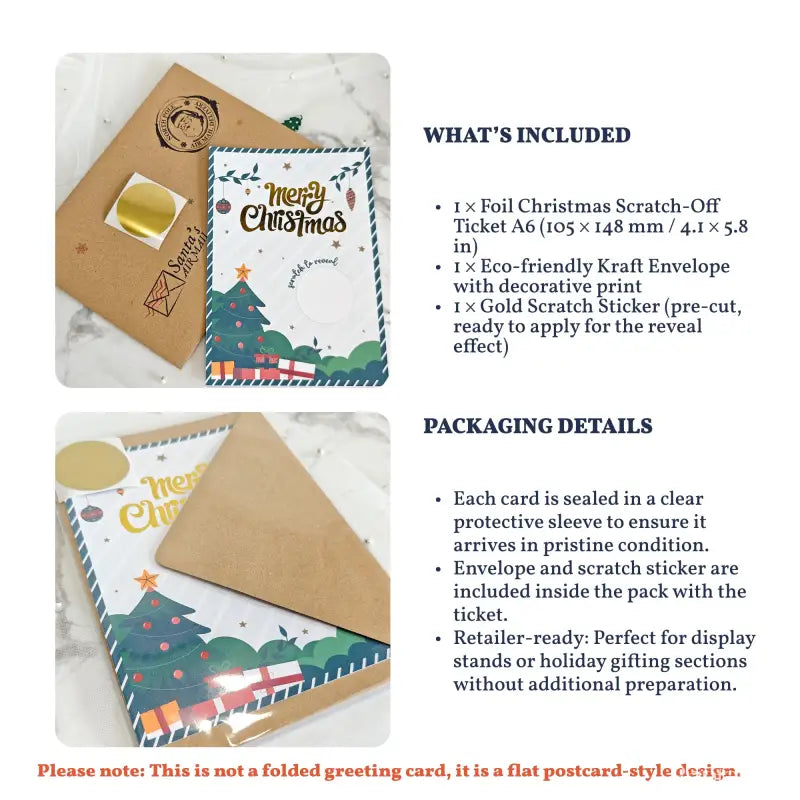 Foil Christmas scratch-off ticket with eco-friendly craft envelope and gold scratch sticker on a marble surface.