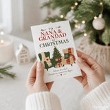 A white christmas card with green and beige armchairs, plaid blankets, a decorated tree, and grandad christmas card text