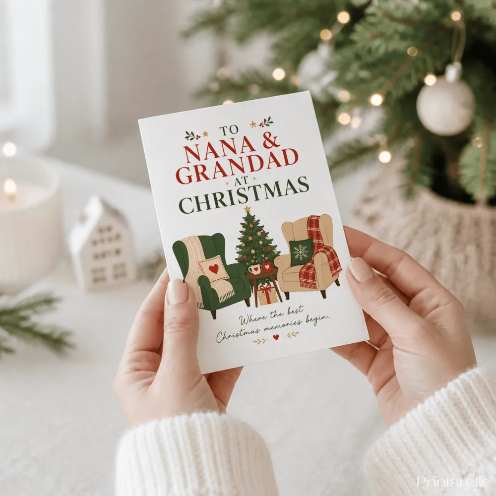 A white christmas card with green and beige armchairs, plaid blankets, a decorated tree, and grandad christmas card text
