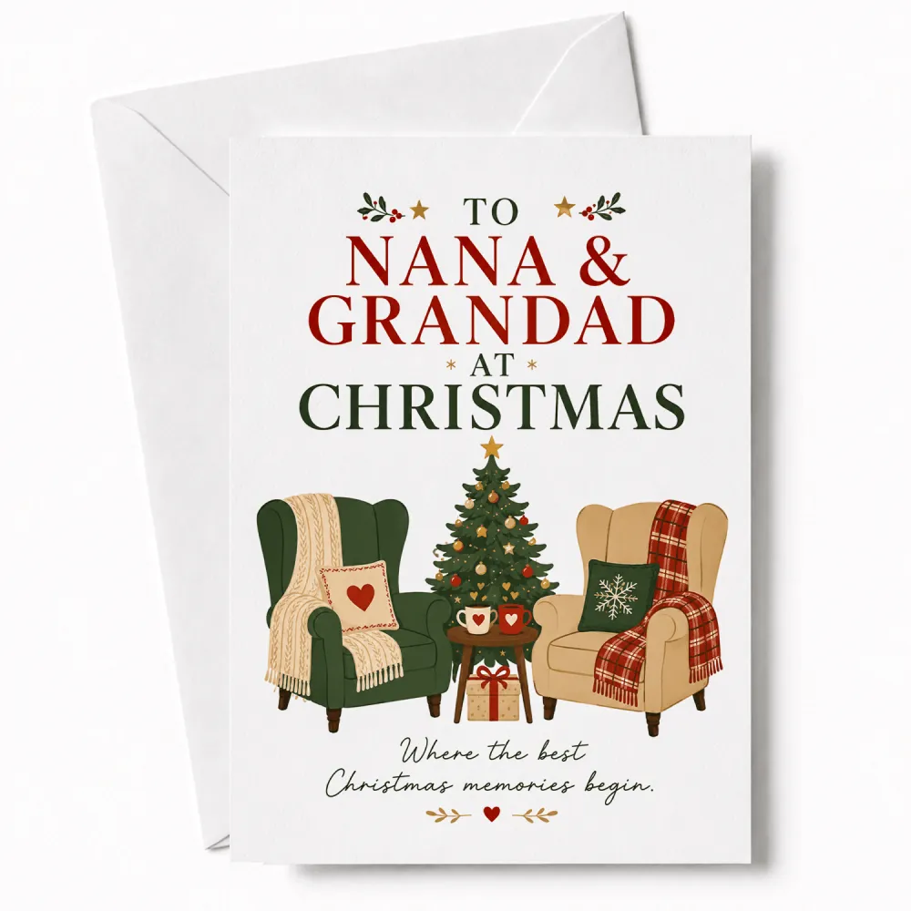 White christmas card featuring a festive illustration of two armchairs decorated tree and mugs for nana and grandad christmas card
