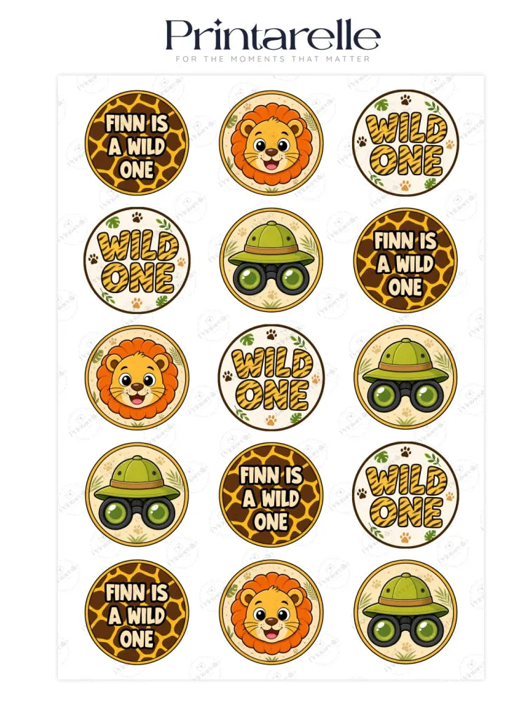 Circular safari-themed birthday cupcake toppers with cartoon lions, binoculars, and giraffe patterns in earth tones for personalised wild first birthday