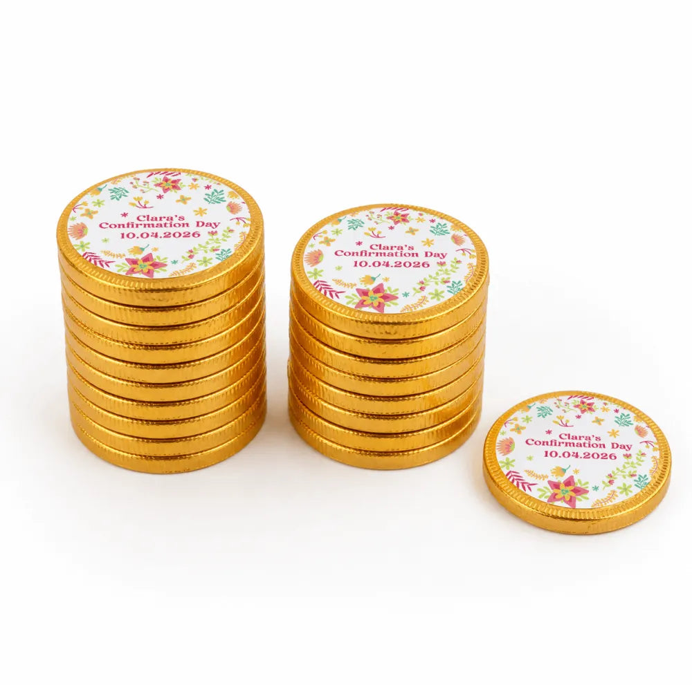 Golden 40mm milk chocolate coins with floral and star labels for claras confirmation day 10 04 2026 confirmation chocolate coins