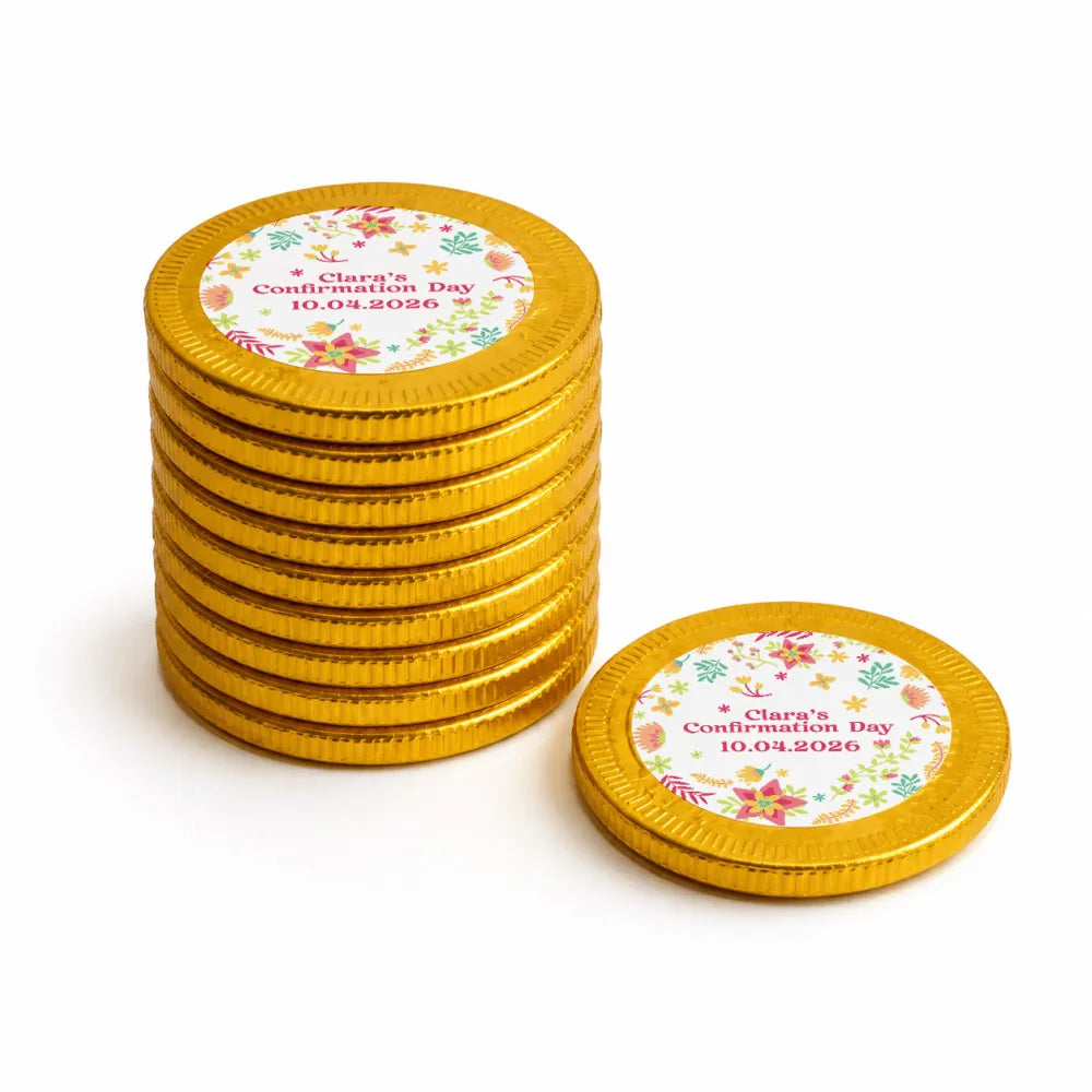Golden 40mm milk chocolate coins wrapped in shiny foil with floral sticker for claras confirmation day 10 04 2026