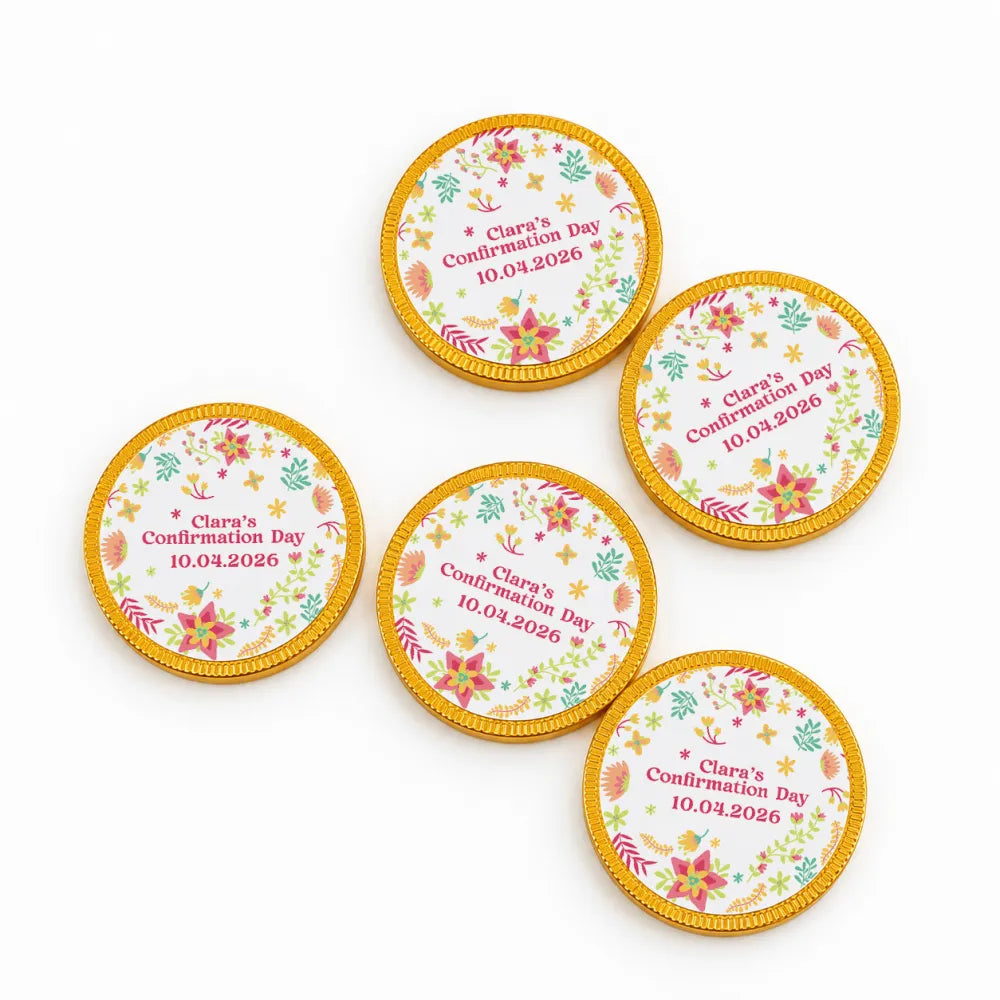 Gold-wrapped 40mm milk chocolate coins with colorful floral white center for claras confirmation day 10.04.2026