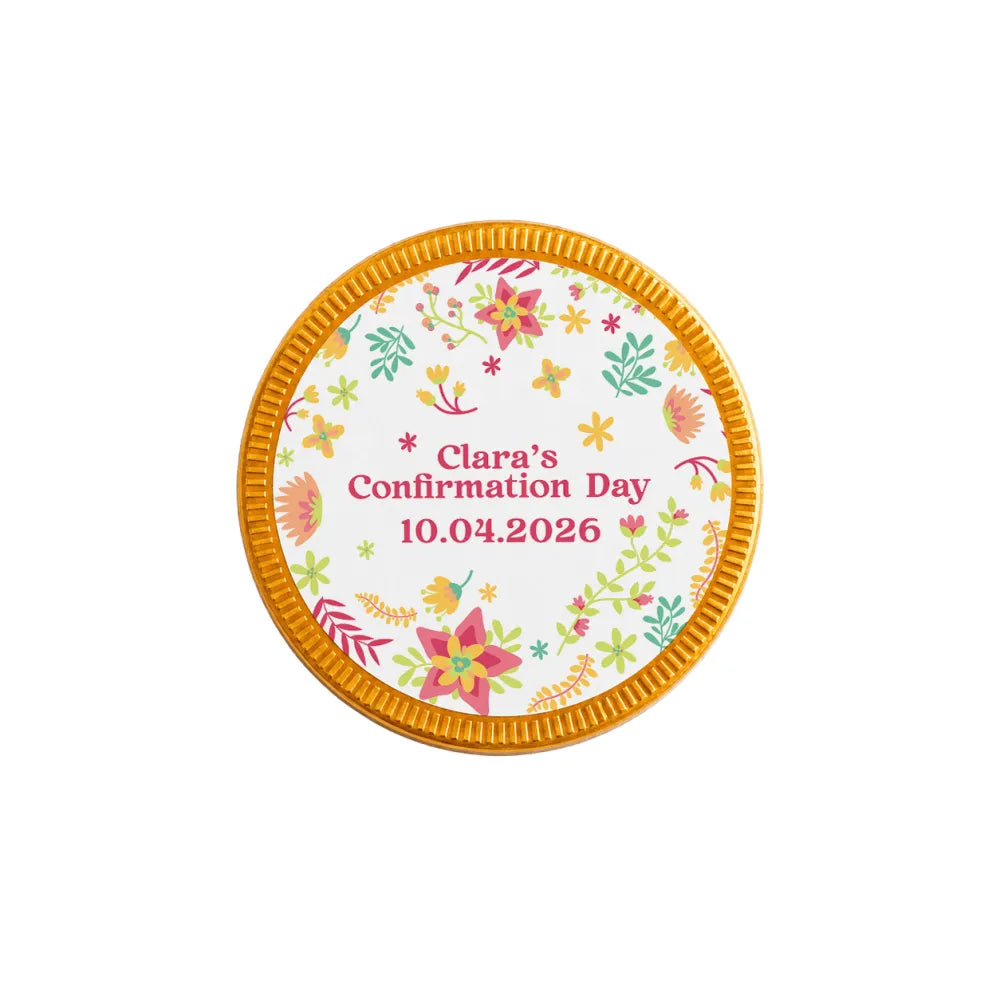 Wildflower blessing 40mm milk chocolate confirmation chocolate coin with gold edge and pink yellow floral design on white