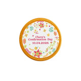 Wildflower blessing 40mm milk chocolate confirmation chocolate coin with gold edge and pink yellow floral design on white